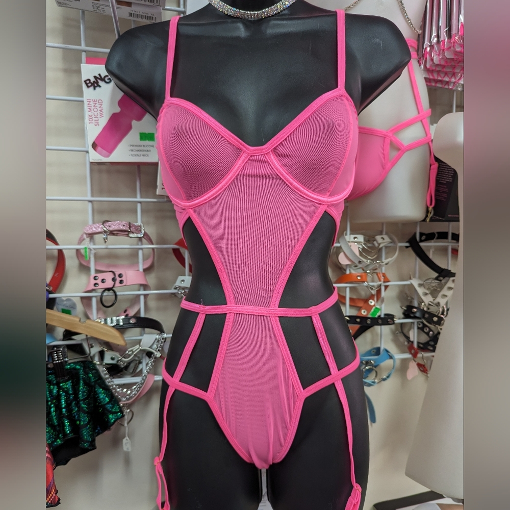 Neon pink mesh gartered teddy